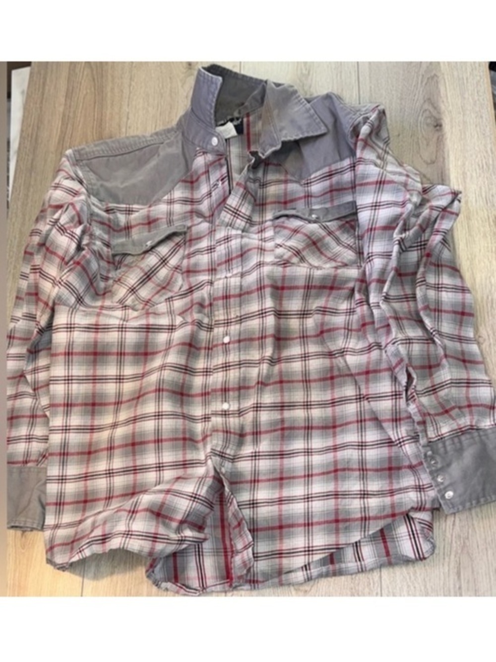 Wrangler Plaid Button-Up Shirt in Gray and Red button down shirt top long sleeve